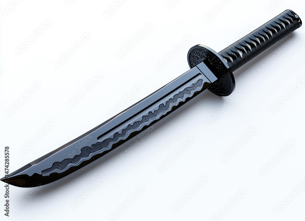 Black Ninja Sword with Traditional Handle Isolated on White Background