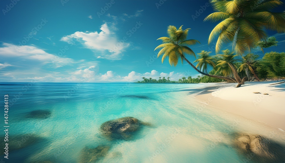 Fototapeta premium paradise beach of a tropical island palm trees white sand azure water generative ai