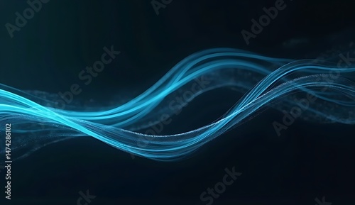 A modern technology design presents a glowing blue abstract wave, a smooth, curving line of illumination with a 3D effect, set against a dark blue or black space