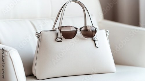White handbag with sunglasses on a chair