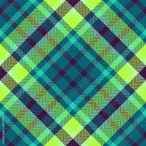 Vibrant plaid pattern. Teal, green, and purple hues create a modern tartan texture. Ideal for backgrounds, textiles, or fashion design. Seamless and eyecatching
