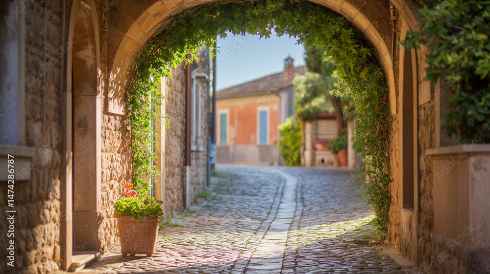 Obraz premium The ancient stone architecture defines a narrow street in the old European town, showcasing a historic building with an arched entrance