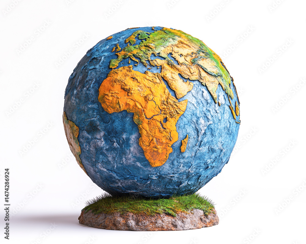 Earth model with detailed textures isolated on white background, emphasizing continents and oceanic features