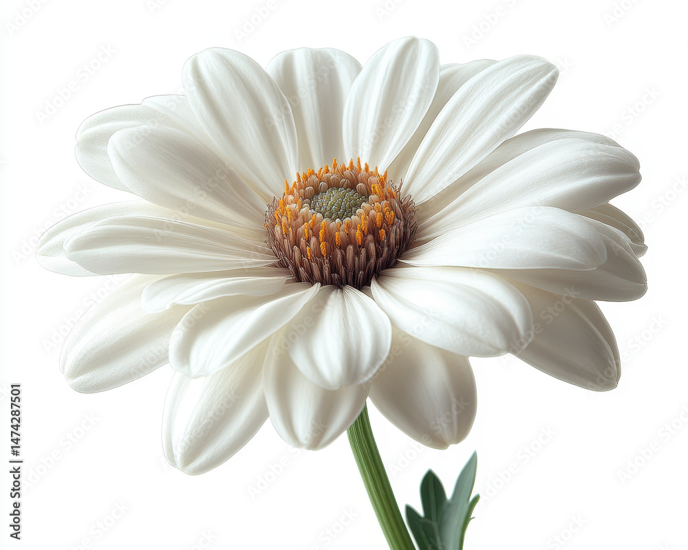White Daisy Flower Isolated on Pure White Background with Detailed Petals and Vibrant Green Stem in Studio Photography