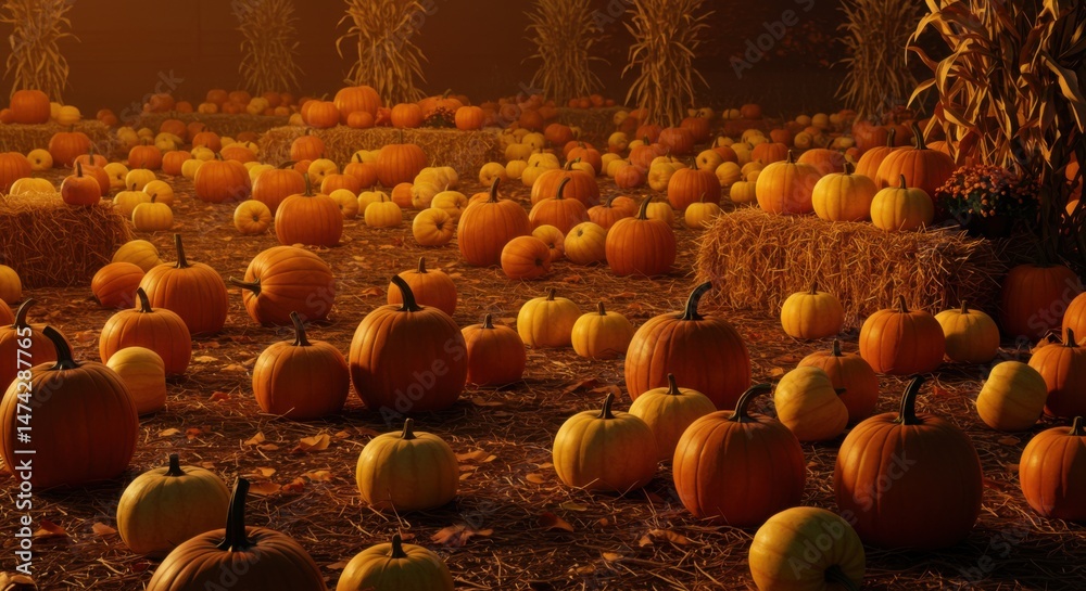 Obraz premium Pumpkins in a Field with Autumn Corn Stalks