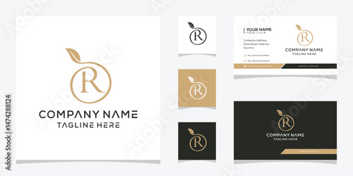 initial letter R serif font logo design, leaf luxury graphic vector, gold color concept 