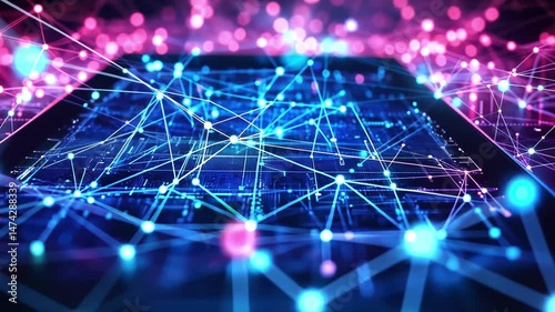 Tablet displays a glowing network of interconnected nodes and lines in shades of blue and pink, suggesting data flow and connectivity. Concept: digital network, data communication