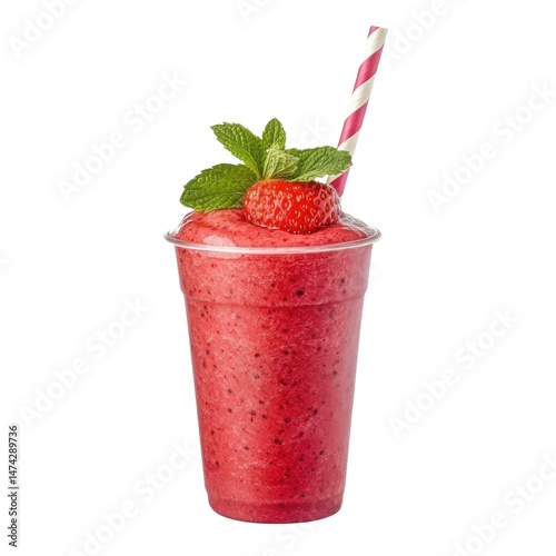 Delicious strawberry smoothie drink in plastic cup isolated on transparent background