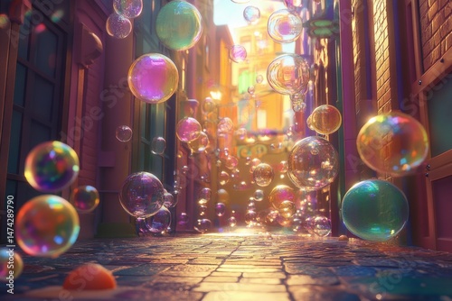 A whimsical alleyway filled with iridescent soap bubbles floating in the air on a cobblestone street