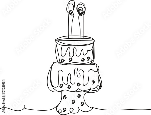 Single Line Drawing of a Delicious Two Layered Birthday Cake with Candles