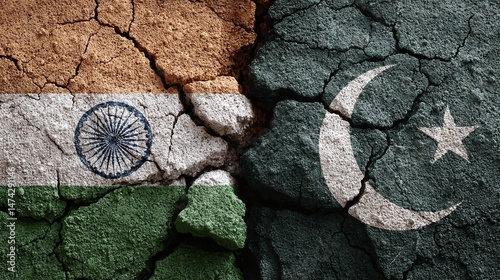 Cracked earth with two distinct flag patterns. Divided land, symbolizing tension and separation between two countries, shown on a cracked surface.