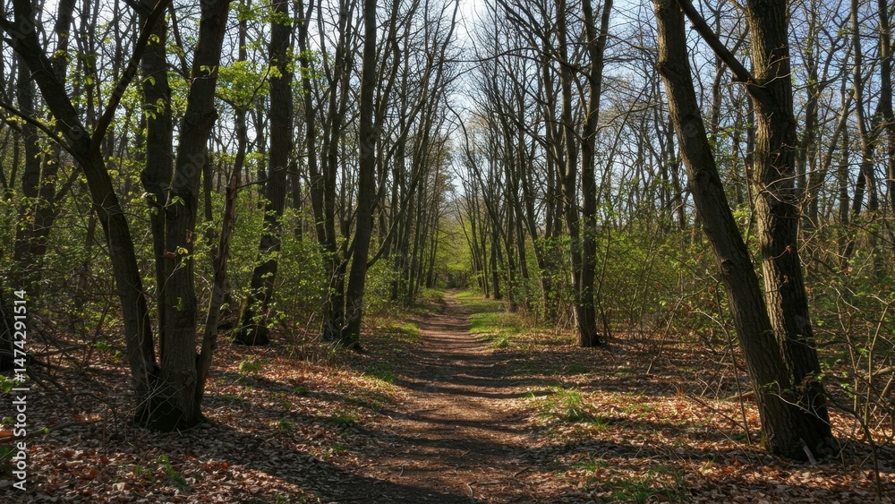 Naklejka premium Woodland path in dappled sunlight