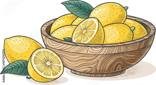 Lemon vector design, lemon in bowl, Yellow Lemon in bowl and lemon slice in white background vector design