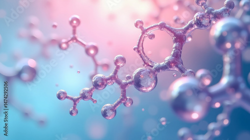 Hyaluronic acid molecules background. Collagen molecular structure. Bubbles, moisturiser, liquid essence, serum or toner, beauty and cosmetics background. Skin care. Amino acid chemical formula