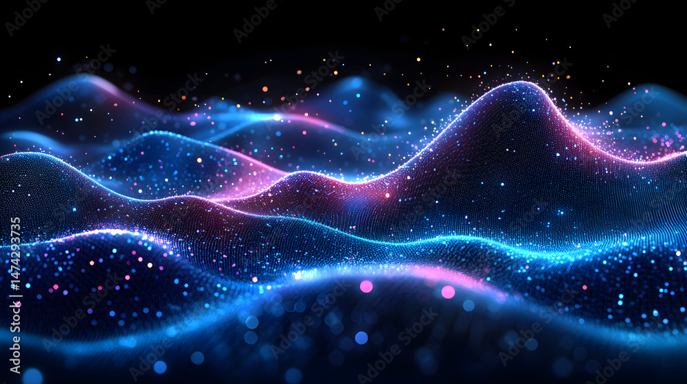Ethereal digital landscape of glowing particles in blue, pink, orange, and white. Undulating waves create a dynamic, otherworldly terrain with blurred bokeh lights. Abstract wireframe in dark blue Ethereal digital landscape of glowing particles in blue, pink, orange, and white. Undulating waves create a dynamic, otherworldly terrain with blurred bokeh lights. Abstract wireframe in dark blue
