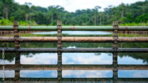 Small bamboo weir in tropical forest reflecting on water, showcasing eco friendly design