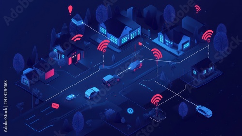 Playful 5G network graphic showing fast data transfer across smart homes, devices, and vehicles