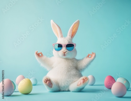 A white rabbit, wearing pink sunglasses and in a yoga pose, sits amidst pastel-colored Easter eggs on a light blue backdrop