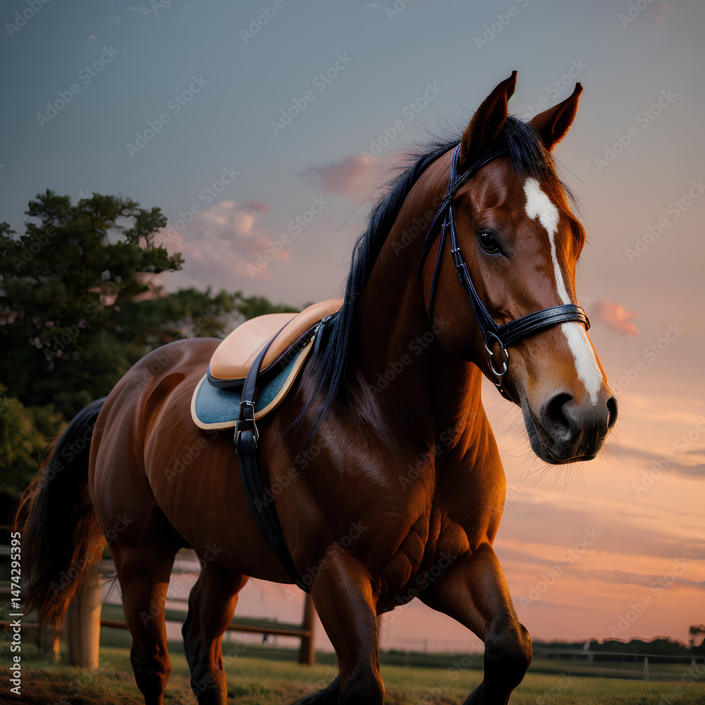 Fototapeta premium 競馬場のサラブレッド – 美しい瞳と毛並みのクローズアップ “Thoroughbred Horse Portrait – Detailed View of a Champion”