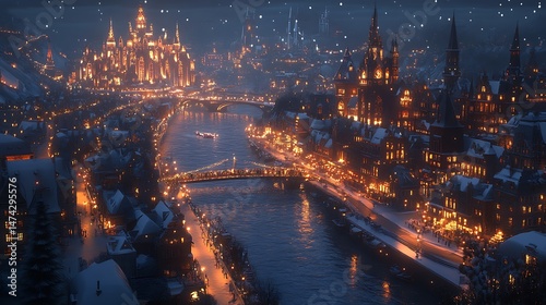 Enchanting winter cityscape with glowing architecture and serene river view