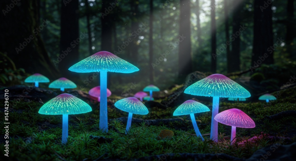 Fototapeta premium Glowing Mushrooms in a Forest with Mystical Light