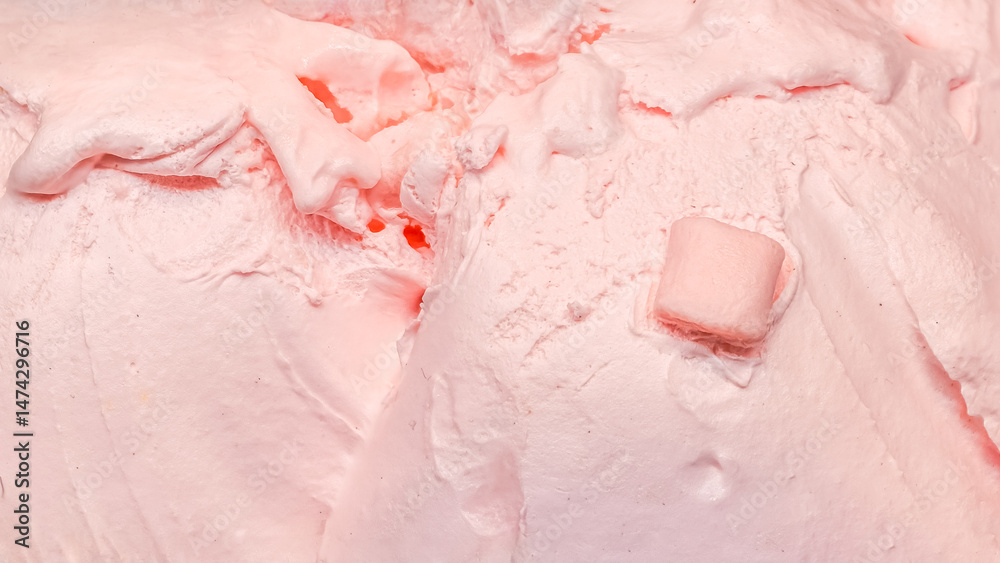 Fototapeta premium Smooth textured background of pink strawberry bubblegum ice cream with marshmallow pieces