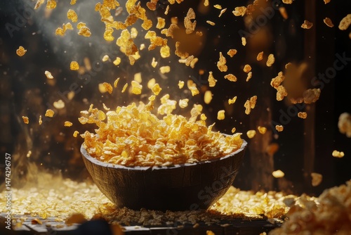 Falling corn flakes in a wooden bowl with flakes scattered on a wooden surface in a dark environment