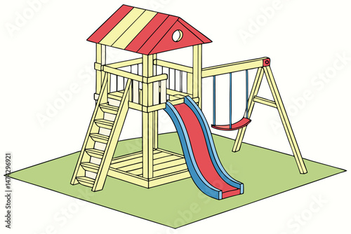 20 colorful, playful, outdoor playground equipment, jungle gym, swing set, slide, wooden structure, plastic components, metal frame, safety features, cheerful and inviting design, vibrant colors, recr