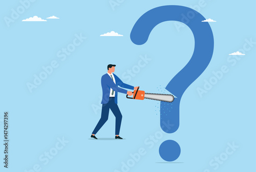 Vector illustration of a businessman trying to solve all problems and cutting question marks
