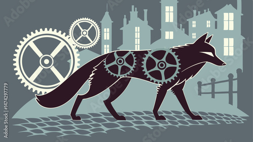 Gear-powered mechanical fox silhouette, glowing blue eyes, Victorian-era cityscape.
