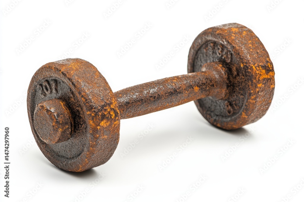 Rusted iron dumbbell with signs of wear, isolated on white background Rusted iron dumbbell with signs of wear, isolated on white background