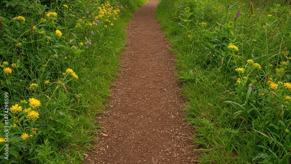 A peaceful trail lined with flowers and greenery. A peaceful trail lined with flowers and greenery.