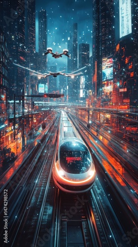 Futuristic city with train and flying vehicles. Night cityscape with glowing lights, elevated train, drones, and modern architecture photo