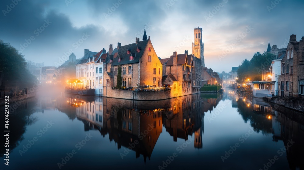 Obraz premium Misty canal city at dawn