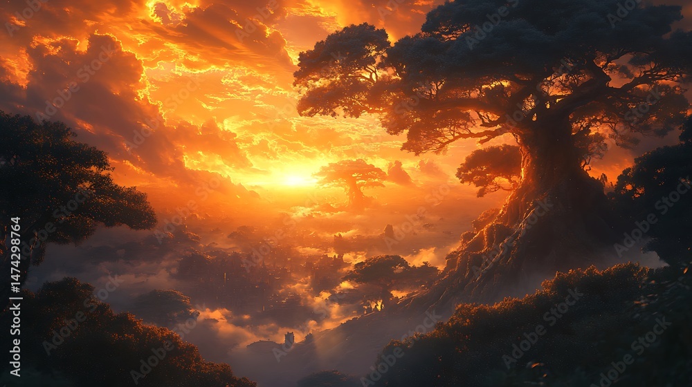 Fototapeta premium Golden sky illuminating a mystical landscape with ancient trees and clouds