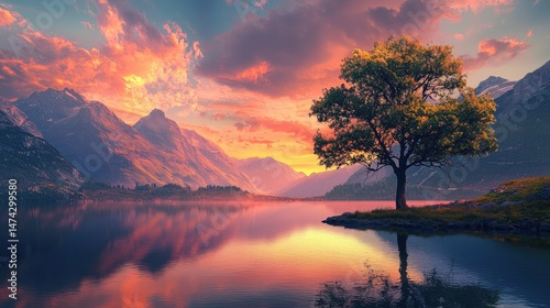 Serene mountain lake scene at vibrant sunset.