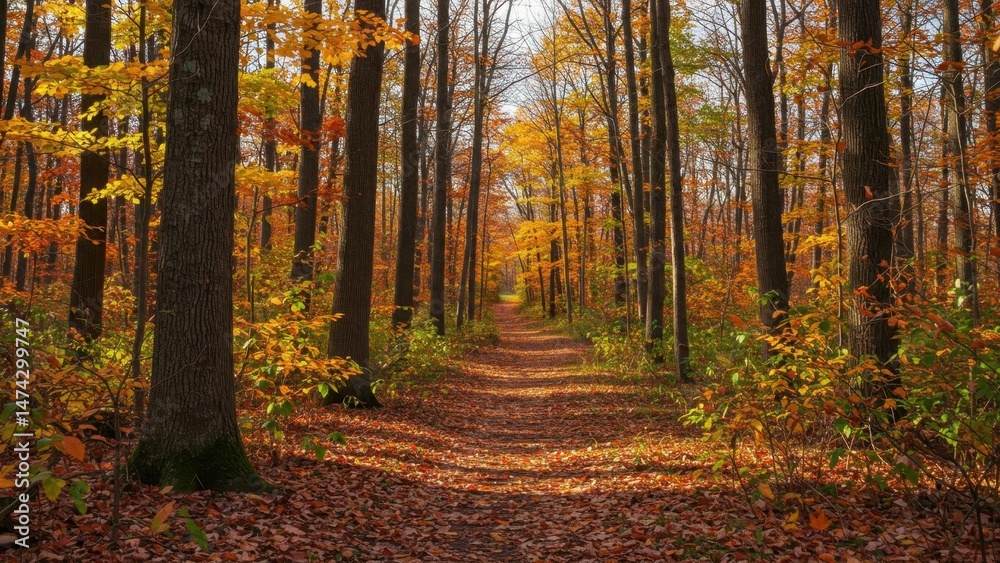 Obraz premium Autumn forest path covered in colorful leaves