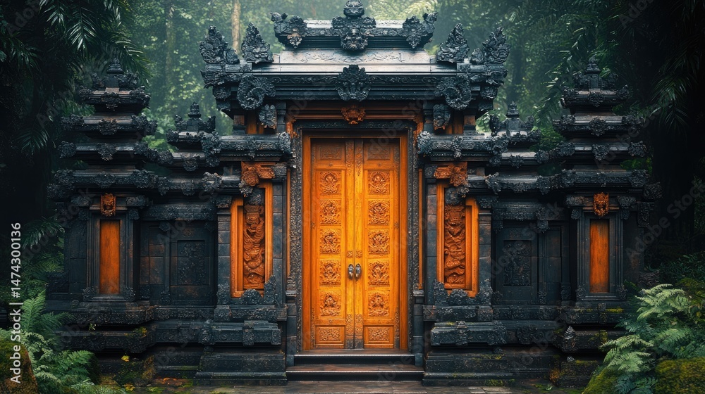 Fototapeta premium Explore the intricate design of a traditional Balinese temple entrance surrounded by lush greenery, capturing the spiritual essence of the region.