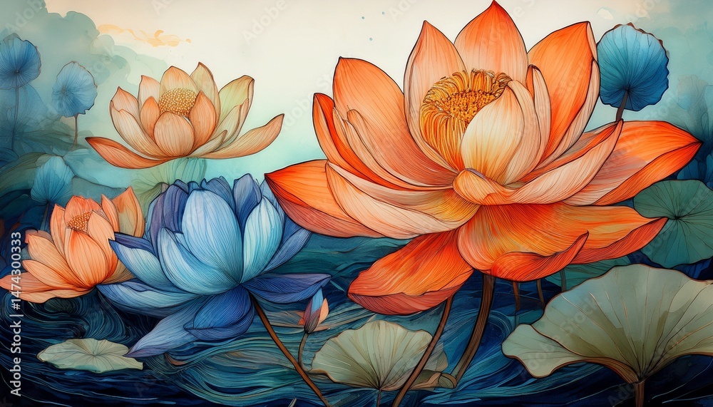 custom made wallpaper toronto digitalbotanical painting orange and blue lotus flowers on a tranquil background