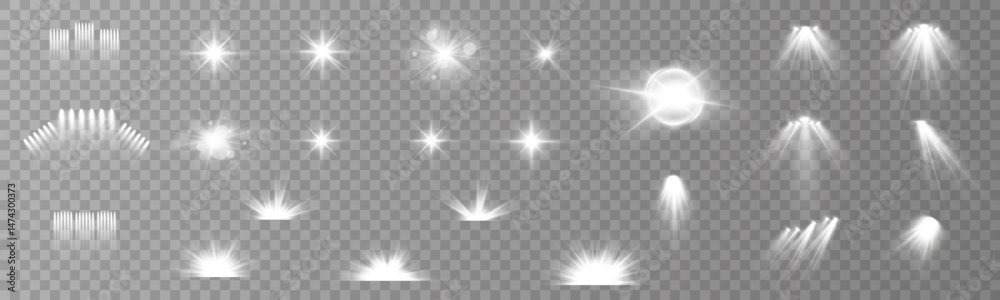 Transparent Vector Light Effect – Set of Studio Spotlights, Stage Beam Lighting, Glowing Scene Illumination for Concert, Performance, Night Show, Background Design Elements