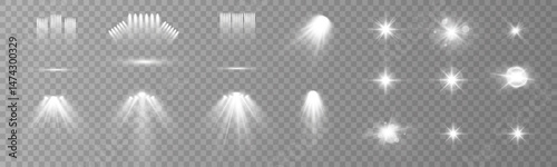 Vector Stage Lighting with Spot Beams – Spotlight Set for Podium or Scene, Bright Lamp Flash, Transparent Background, Light Glow Effect for Show, Event or Presentation Design