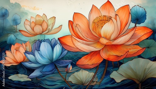 Wallpaper Mural botanical painting orange and blue lotus flowers on a tranquil background Torontodigital.ca