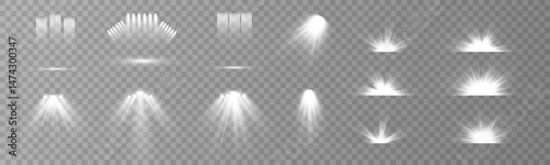 Realistic Vector Light Beams – Spotlights for Stage Scene, Concert, Theater, Club, or Performance Background with Glare and Illumination Effects, Transparent  for Design and Decoration