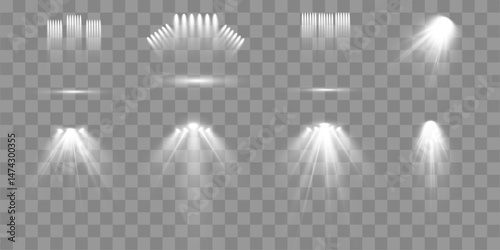 Realistic Vector Light Beams – Spotlights for Stage Scene, Concert, Theater, Club, or Performance Background with Glare and Illumination Effects, Transparent  for Design and Decoration