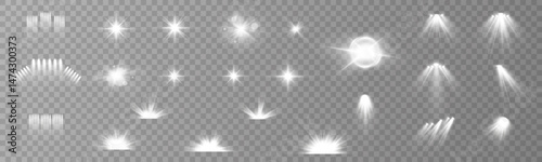 Transparent Vector Light Effect – Set of Studio Spotlights, Stage Beam Lighting, Glowing Scene Illumination for Concert, Performance, Night Show, Background Design Elements