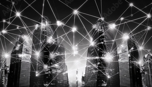 towering skyscrapers in black and white with illuminated connections between them symbolizing urban connectivity and future linkage