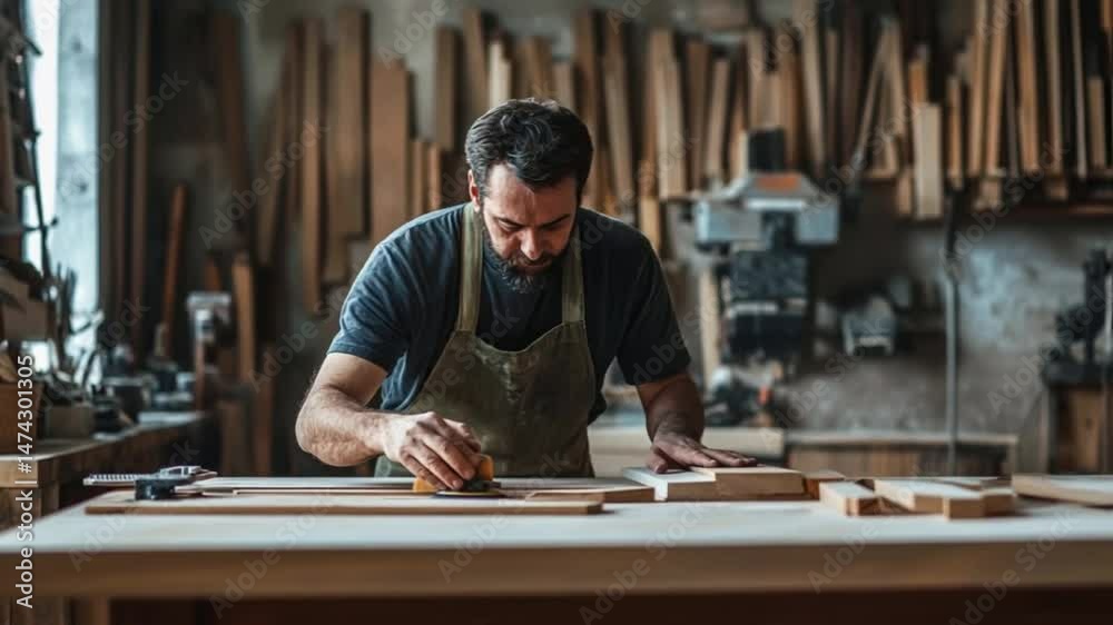 Carpenter meticulously sands wood in workshop revealing craftsmanship skills Carpenter meticulously sands wood in workshop revealing craftsmanship skills