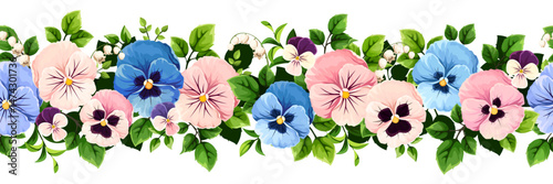 Floral seamless border with pink and blue pansy flowers and green leaves. Vector horizontal floral garland