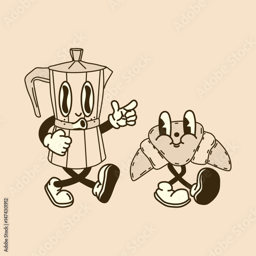 Funky Breakfast Friends.  Groovy Coffee and Croissant Characters