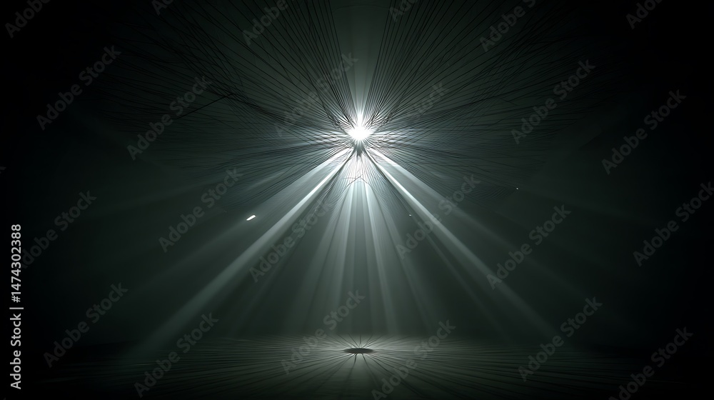 Obraz premium A bright light beams down from a mass of strings in a dark space.